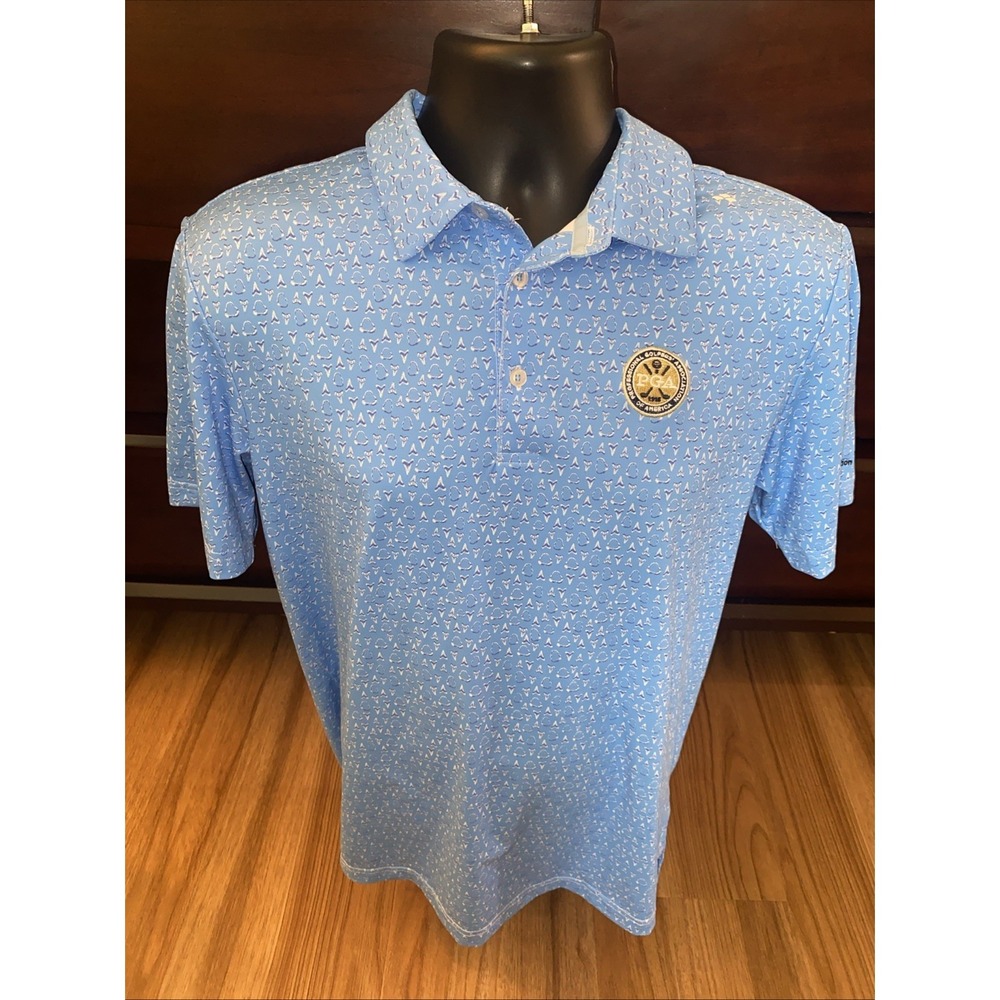 Scales Men's Performance Golf Polo Shirt PGA Blue Shark Teeth AOP Size Small